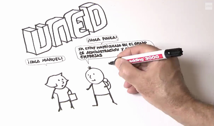 Dibujo de hombre y mujer hablando junto al logo UNED